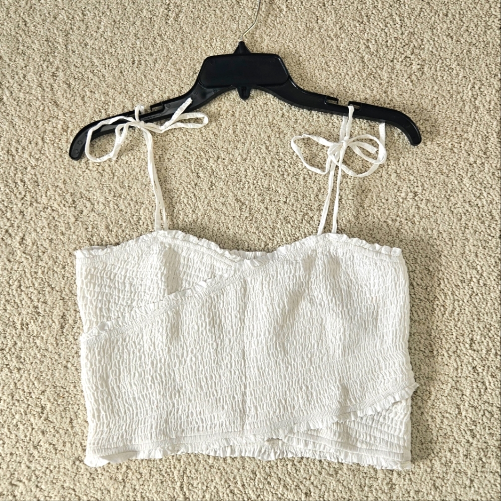 American Eagle White Crop Tank Smocked Criss-cross Country Glam Western Womens